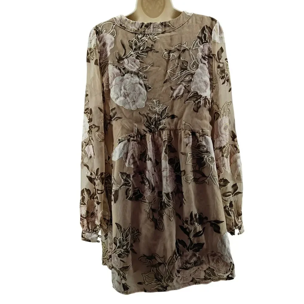 Free People Velvet Tunic Dress Womens Xsmall Taupe Pink Floral